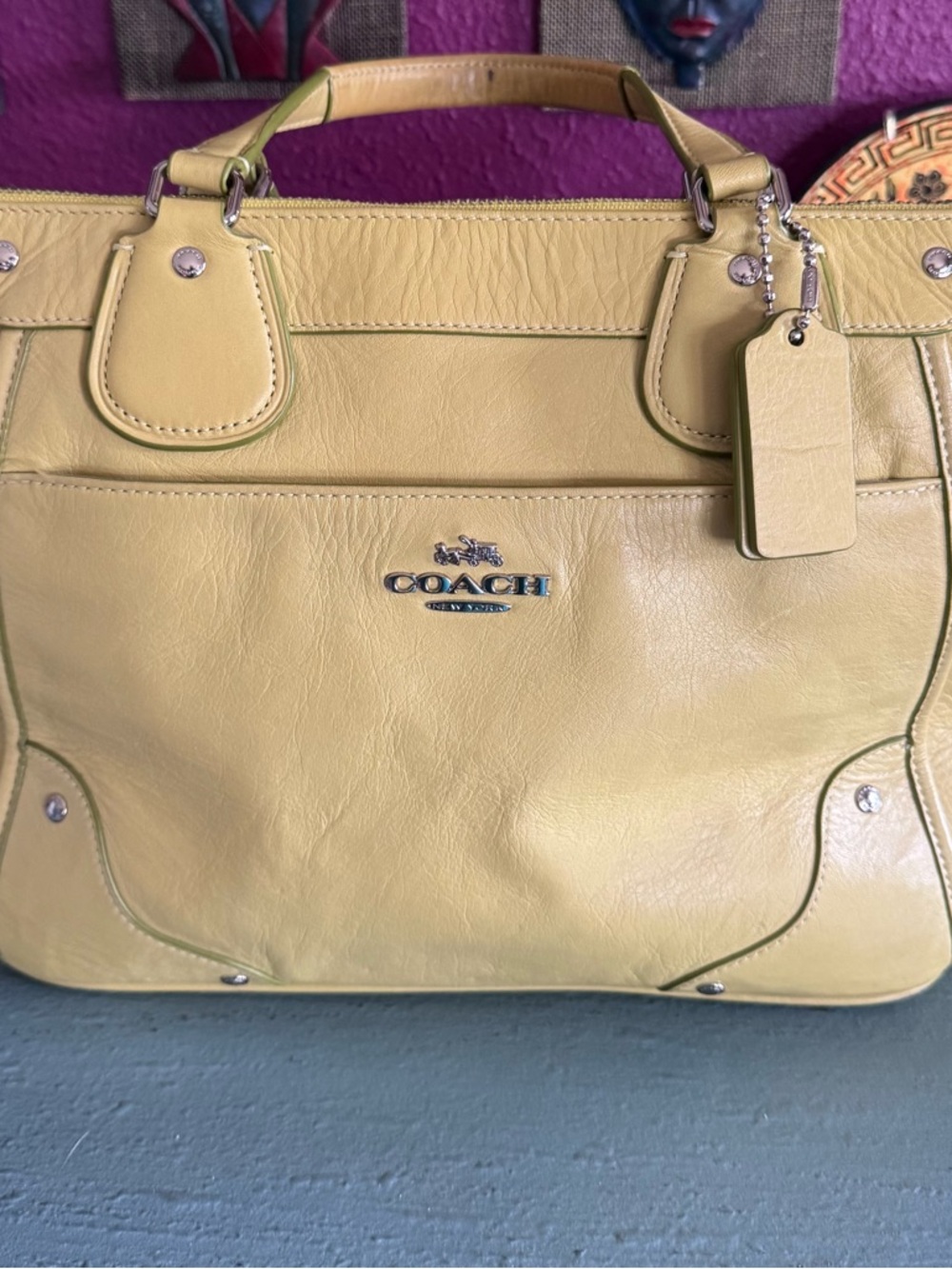 Coach F37095 Pebbled Leather Tote Yellow / Lime Zip Top Satchel
